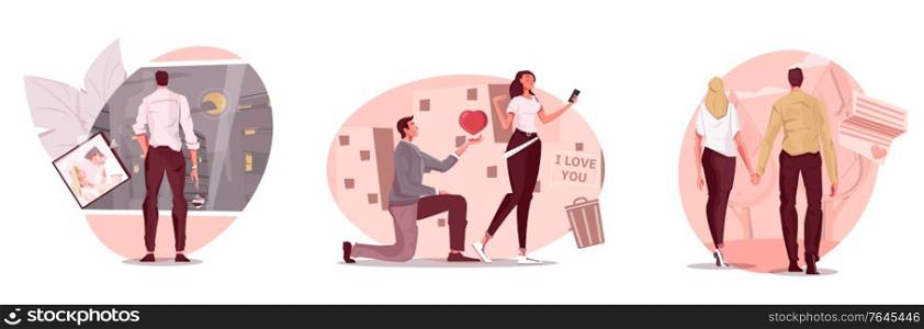 Set of three love people compositions with flat human characters of lovers with romantic heart icons vector illustration