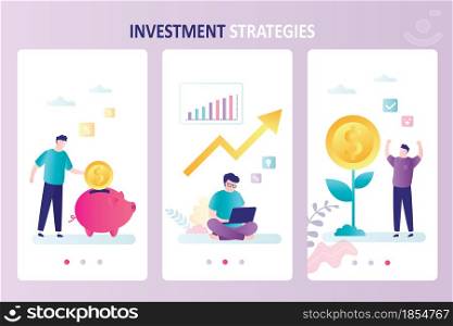 Set of three pages of templates for mobile application. Investment strategies, businessman invests and makes profit. Bank deposit or exchange trading. Successful investor. Flat vector illustration. Set of three pages of templates for mobile application. Investment strategies, businessman invests and makes profit