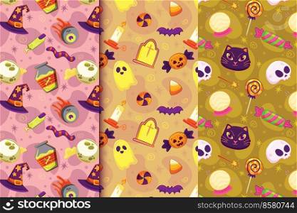 Set of three patterns with hand drawn halloween elements