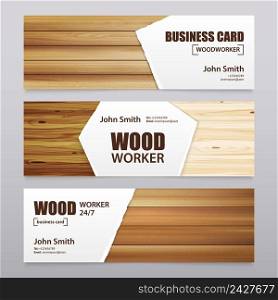 Set of three realistic horizontal wooden texture banners with images of wood plates and editable text vector illustration. Wooden Finishing Horizontal Banners