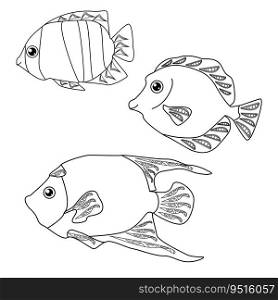Set of three tropical fish with fantasy patterns on fins, coloring book for children about aquatic inhabitants, vector outline illustration for design and creativity