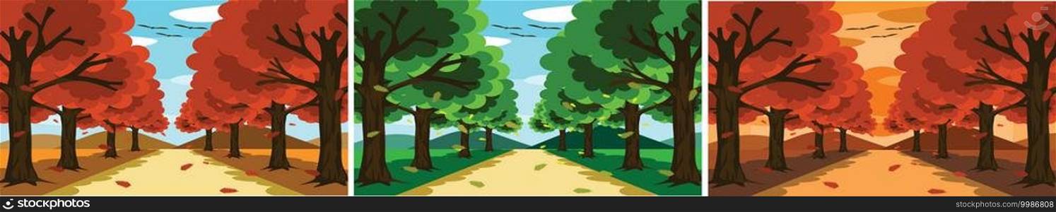 Set of three vector images. It is a picture of the road on both sides of the road with trees and sky mountains. It is a cartoon style with beautiful colors. Can be used as a decoration or background