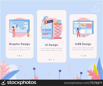 Set of three web development vertical banners with flat doodle images background and page switch buttons vector illustration
