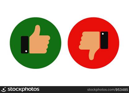 Set of thumb up and down on green and red background. Isolated vector signs in trandy fkat style. EPS 10. Set of thumb up and down on green and red background. Isolated vector signs in trandy fkat style.