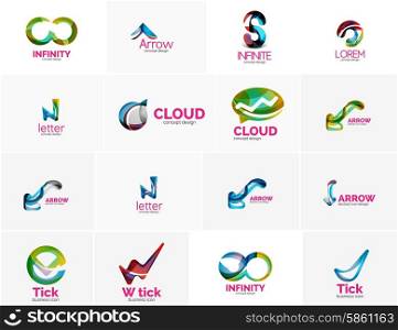 Set of tick ok, cloud or arrow concept icons. Created with swirls and flowing wavy elements. Business, app, web design logo template