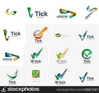 Set of tick ok, cloud or arrow concept icons. Created with swirls and flowing wavy elements. Business, app, web design logo template