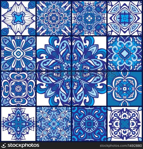 Set of Tiled ethnic pattern for fabric. Abstract geometric mosaic vintage. Blue and white talavera azulejo seamless pattern ornamental.. talavera azulejo seamless pattern ornamental.