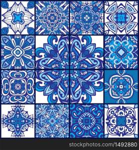 Set of Tiled ethnic pattern for fabric. Abstract geometric mosaic vintage. Blue and white talavera azulejo seamless pattern ornamental.. talavera azulejo seamless pattern ornamental.