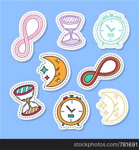 Set of time stickers, pins, patches and handwritten collection in cartoon style. Funny greetings for clothes, card, badge, icon, postcard, banner, tag, stickers, print.
