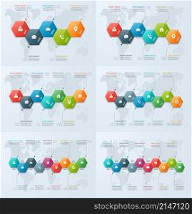 Set of timeline chart infographic templates with 5-10 options for presentations, advertising, layouts, annual reports, web design.. Set of timeline chart infographic templates with 5-10 options