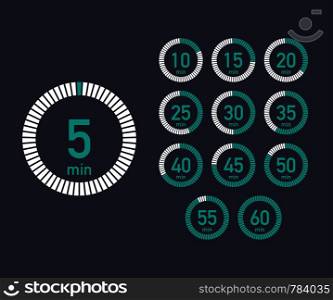 Set of timers. Sign icon. Full rotation arrow timer. Colored flat icons. Set of 12 timer icons. Flat Design Vector stock Illustration
