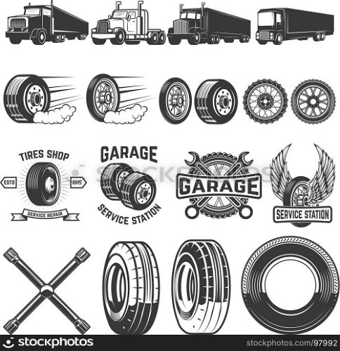 Set of tire service design elements. Truck illustrations, wheels. Design elements for logo, label, emblem, sign. Vector illustration