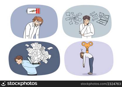 Set of tired businesspeople struggle with fatigue overwhelmed with job. Collection of exhausted employees or workers suffer from work stress or burnout. Overwork concept. Vector illustration.. Set of tired overwhelmed businesspeople stressed with workload