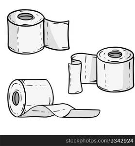 Set of toilet paper rolls in different positions. Toilet and bathroom element. Hygiene and sanitation. Cartoon drawn illustration. Set of toilet paper rolls in different positions.
