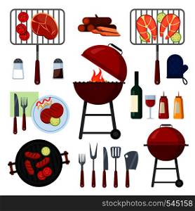 Set of tools,food and drinks for barbecue party on white background.