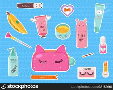 Set of tools for beauty and skin care. Decorative and care cometics for face. Cute bag and various skin products. Creams, masks, patches and makeup products. Tubes, jars and containers with cosmetics. Set of decorative and care cometics for face. Cute bag and skin products in different containers