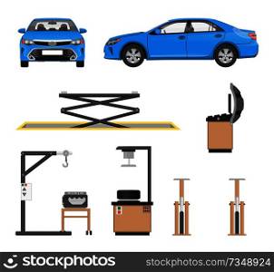 Set of tools for car repairing and blue sedan, vector illustration isolated on white crane machine in auto servicing, disks or wheel fitting rigs. Set of Tools for Car Repairing and Blue Sedan