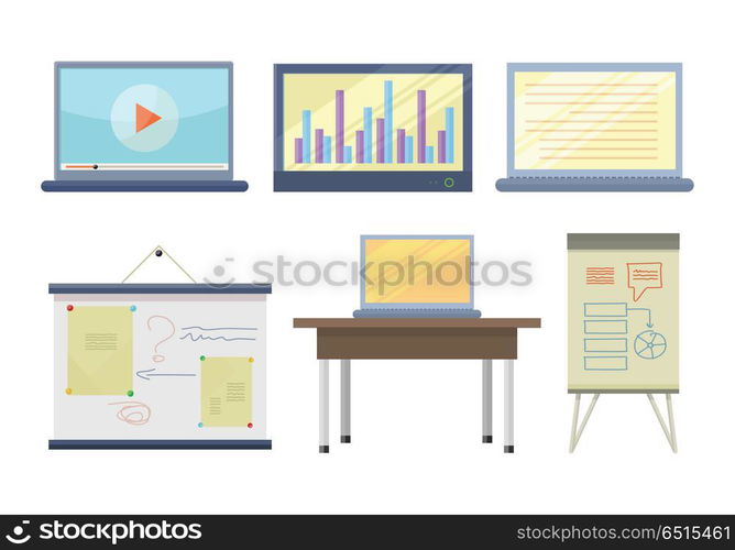 Set of Tools for Seminar and Lecture Illustration. Set of tools for seminar and lecture illustration. Flat design. Notebook, laptop, multimedia screen, board, table, computer, clip chart vectors for educational concepts. Isolated on white background.