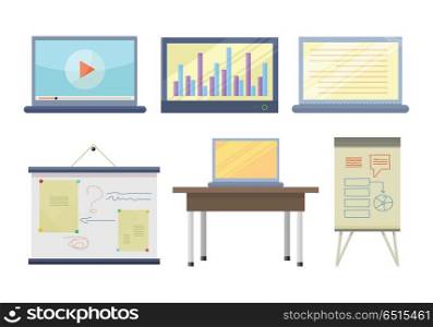 Set of Tools for Seminar and Lecture Illustration. Set of tools for seminar and lecture illustration. Flat design. Notebook, laptop, multimedia screen, board, table, computer, clip chart vectors for educational concepts. Isolated on white background.
