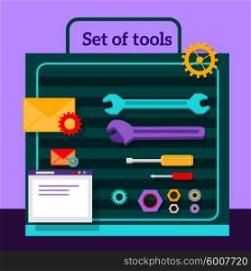 Set of tools for seo flat design. Web technology seo, website, page optimization, content and gear, screwdriver and wrench, nuts and washers, envelope and pinion illustration