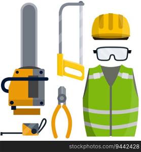 Set of tools for the worker and Builder. Chainsaw and sawmill. Helmet, vest and goggles. Roulette and pliers.. Set of tools for the worker and Builder.