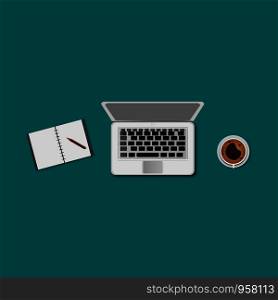 Set of top view laptop and pencil with notepad on workplace. vector design illustration.