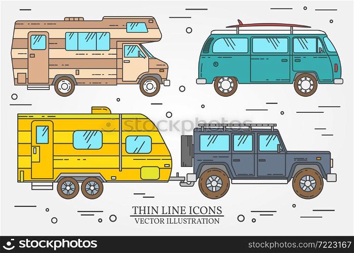 Set of Tourist bus, SUV, trailer, jeep, RV camper trailer, Traveler truck. Summer trip family travel concept. Thin line icon. Vector illustration.