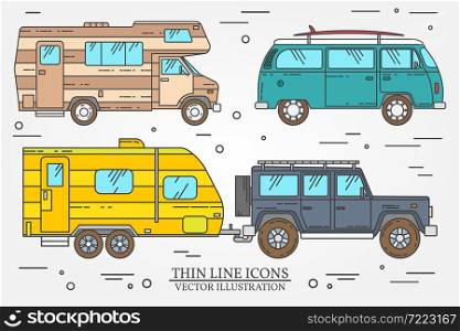 Set of Tourist bus, SUV, trailer, jeep, RV camper trailer, Traveler truck. Summer trip family travel concept. Thin line icon. Vector illustration.
