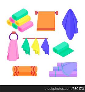 Set of towel vector illustrations. Towel for bath. Collection of hand and bath fabric towels rolled, hanging on rail or ring, lying in stack. Bundle of design elements isolated on white background. Set of towel vector illustrations