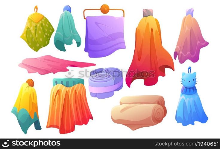 Set of towels hanging on hooks or holders, colorful stylish bath and kitchen fabric, folded and rolled cloth or fluffy textile for wiping. Clean home hygiene accessories, Cartoon vector illustration. Set of towels hanging on hooks or holders, textile