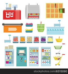 Set of Trading Equipment for Supermarket Vector.. Set of trading equipment for shop vector. Flat style. Collection of furniture, inventory, products for grocery store. ATM, register, lockers, scales, refrigerator, truck basket food illustrations