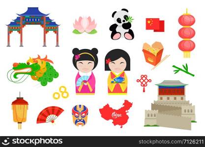 Set of traditional Chinese symbols on white background. Chinese icons in flat style.