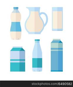 Set of Traditional Dairy Products from Milk. Different traditional dairy products from milk on white background. Packaged kefir, milk and yogurt. Assortment of dairy products. Farm food. Dairy icons set. Vector illustration in flat style.