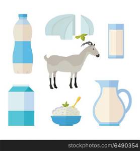 Set of Traditional Dairy Products from Milk. Traditional dairy products from goat s milk. Different dairy products around gray goat on white background. Milk production concept. Dairy icons set. Vector illustration in flat style.