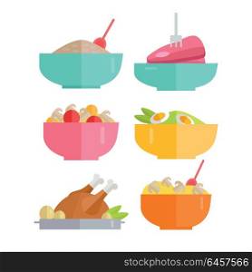 Set of Traditional Dishes Vectors. Flat design. Healthy eating concept. Porridge, steak, salad, poultry pictures for for culinary recipes, cafe menu, cooking, diet illustrating.. Set of Traditional Dishes Vectors in Flat Design.