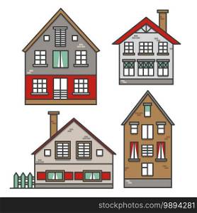 Set of traditional european style houses in old town. Neighborhood suburban. Colorful traditional street. Vector illustration isolated on white background.. Set of traditional european style houses in old town. Neighborhood suburban. Colorful traditional street. Vector illustration