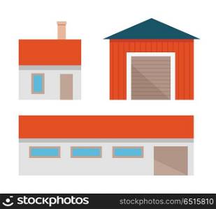 Set of traditional farm constructions. Vector in flat design. Countryside architecture. House, garage, barn, warehouse, hangar illustration for agricultural theme illustrating, icons, ad, infographics. Set of farm constructions vector illustration. . Set of farm constructions vector illustration.
