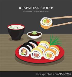Set of Traditional Japanese food, Sushi Roll with Miso Soup and Wasabi Sauce. Cartoon Vector illustration