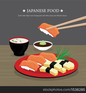 Set of Traditional Japanese food, Sushi Sake Nigiri and Tamagoyaki with Miso Soup and Wasabi Sauce. Cartoon Vector illustration