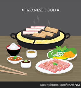 Set of Traditional Japanese food, Yakiniku version of Korean BBQ. Raw beef and pork slice cooking barbeque and grilled. Cartoon Vector illustration