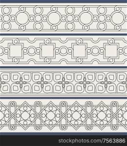 Set of traditional oriental geometrical seamless borders. Decorative design elements. Vector illustration.