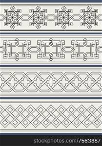 Set of traditional oriental geometrical seamless borders. Decorative design elements. Vector illustration.