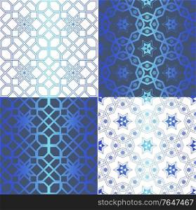 Set of traditional oriental geometrical seamless patterns. Decorative blue backgrounds. Vector illustration.