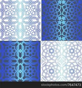 Set of traditional oriental geometrical seamless patterns. Decorative blue backgrounds. Vector illustration.
