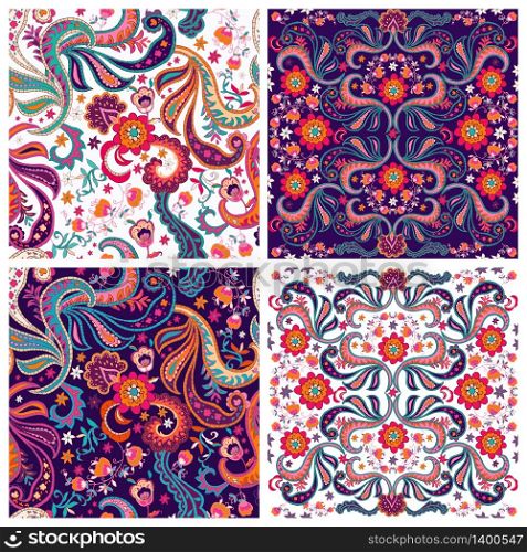 Set of traditional oriental seamless paisley patterns. Vintage flowers background. Decorative ornament backdrop for textile, wrapping paper, card, invitation, wallpaper, web design. Isolated flowers and leaves. Vector illustration.. Set of traditional oriental seamless paisley pattern.Vector.