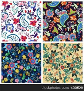Set of traditional oriental seamless paisley patterns. Vintage flowers background. Isolated flowers and leaves. Vector illustration.. Set of traditional oriental seamless paisley pattern.Vector.