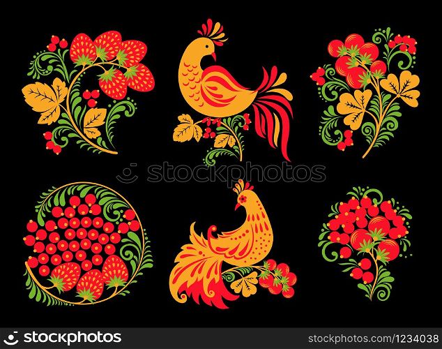 Set of traditional Russian Hohloma ornament with birds and berries on black background. Vector illustration.. Set of traditional Russian Hohloma ornament with birds and berries on black background.