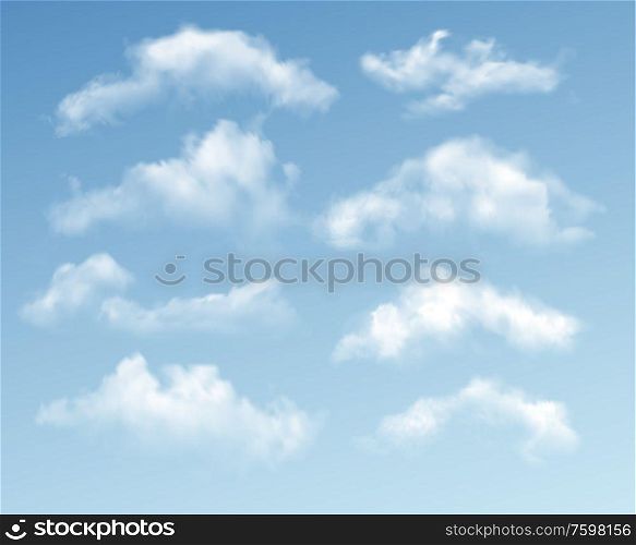 Set of transparent different clouds isolated on blue background. Real transparency effect. Vector illustration EPS10. Set of transparent different clouds isolated on blue background. Real transparency effect. Vector illustration