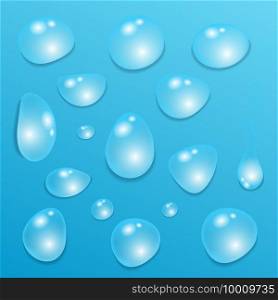 Set of  transparent  drops of pure clear water isolated on a blue background. Realistic  vector  illustration.