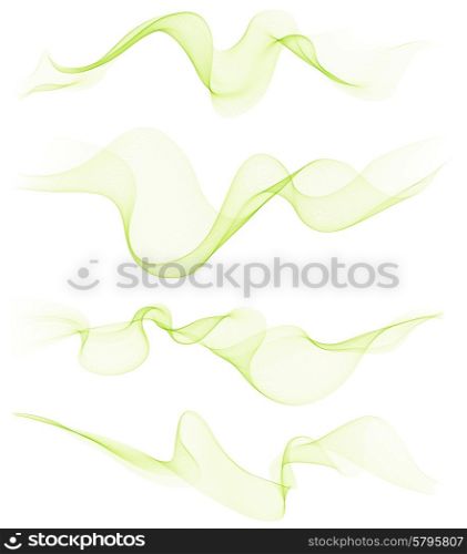 Set of transparent soft lines on white. Vector green abstract waves. For cover book, brochure, flyer, poster, cosmetics, perfumes, nature, ecology design